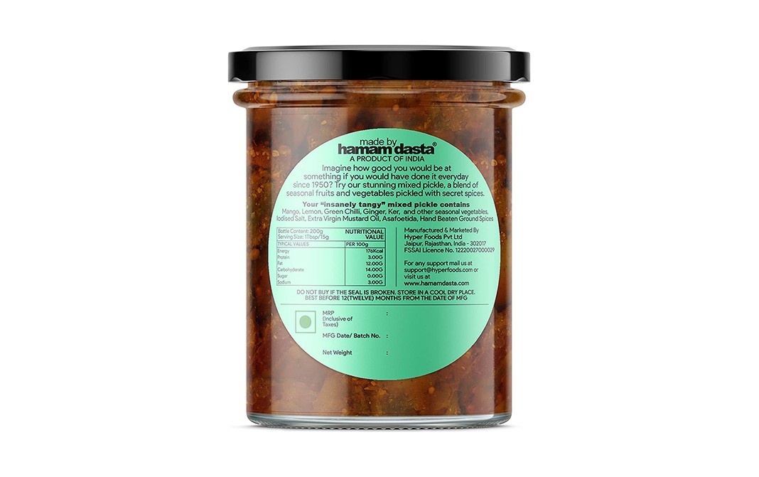 Hamam Dasta Mixed Pickle Insanely Tangy   Glass Jar  300 grams